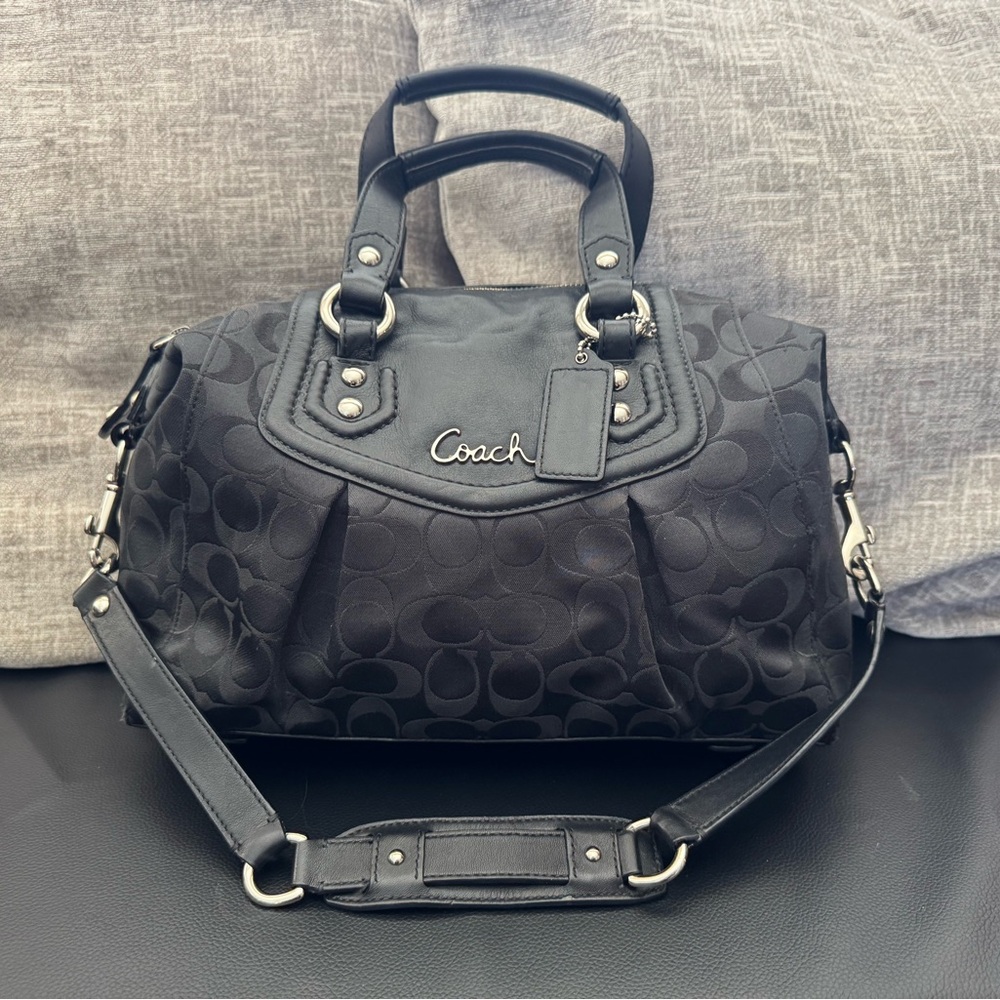 Coach Ashley Signature Satchel Black Monogram with Leather
